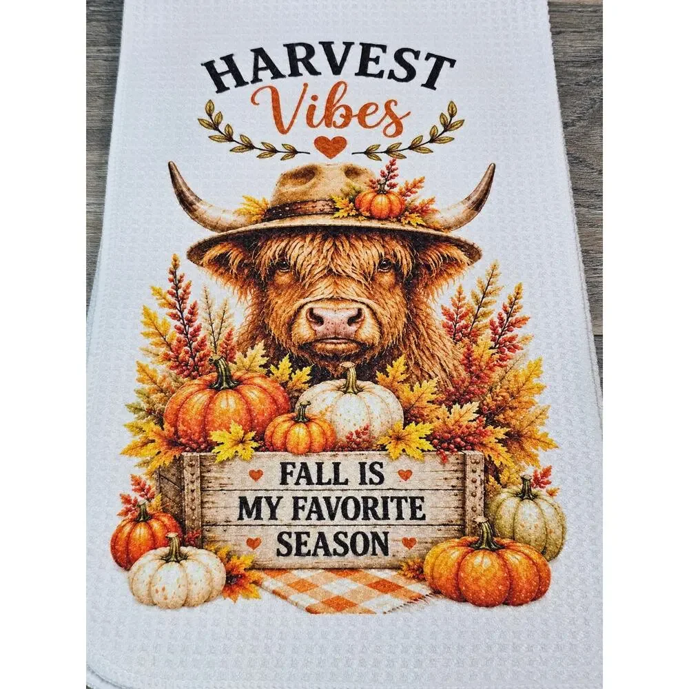 Highland Cow Fall Kitchen Towel Harvest Vibes Pumpkin Farmhouse Decor